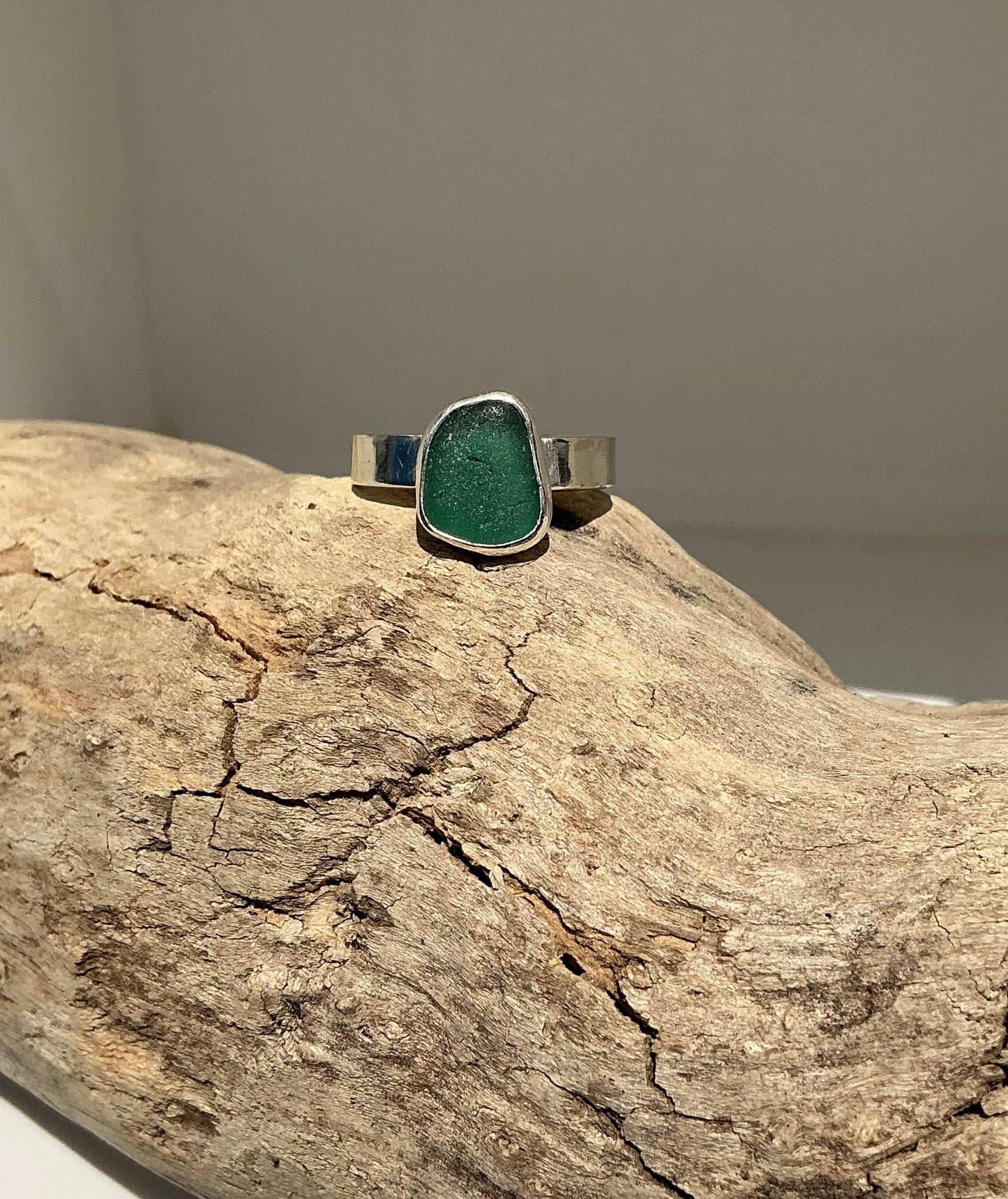 Gorgeous green Greek sea glass ring UK size N