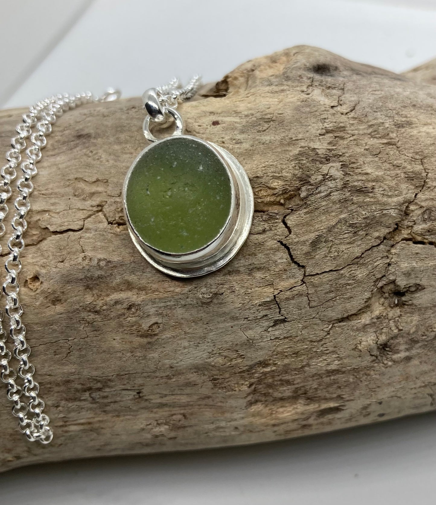 Olive green Seaham sea glass pendant
