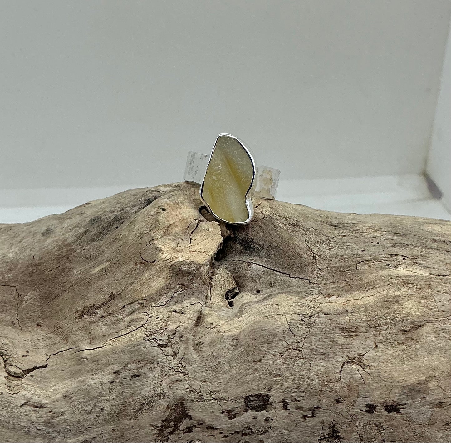 Rare yellow Scottish sea glass ring UK size N