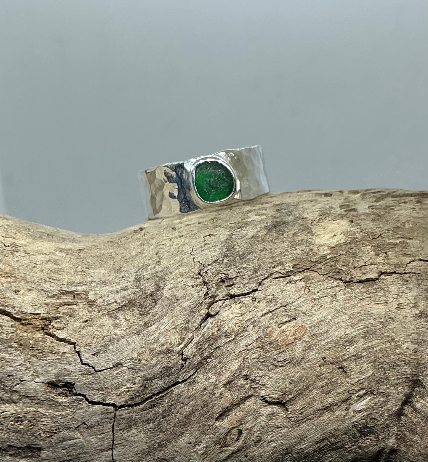 Christmas green sea glass ring UK size T