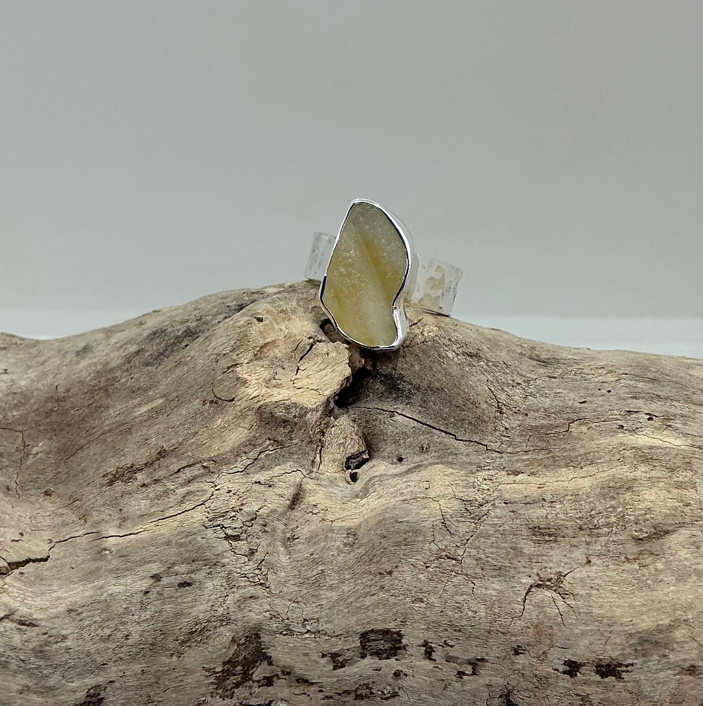 Rare yellow Scottish sea glass ring UK size N