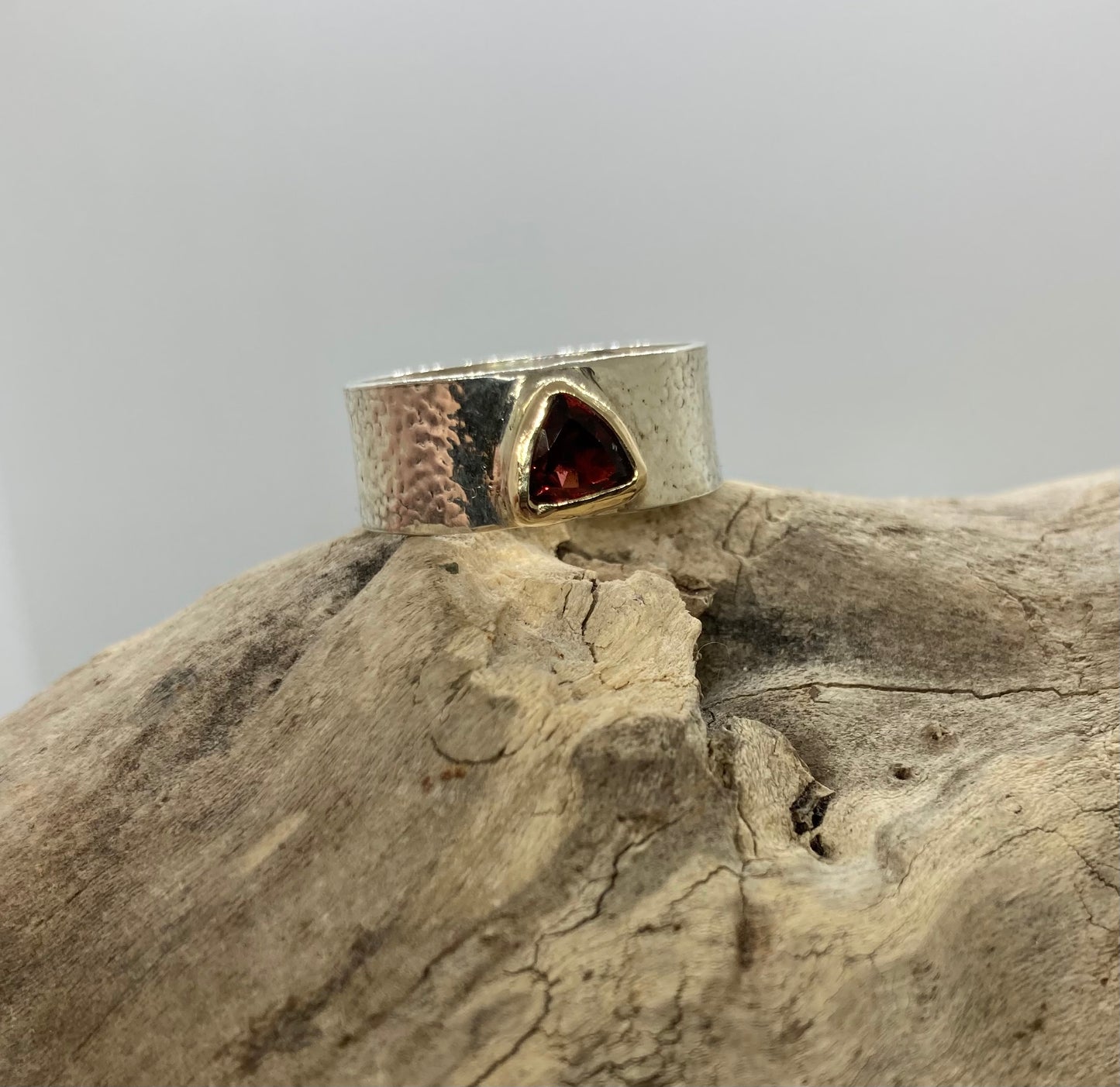 Garnet trillion 9 carat gold and sterling silver ring UK size Q