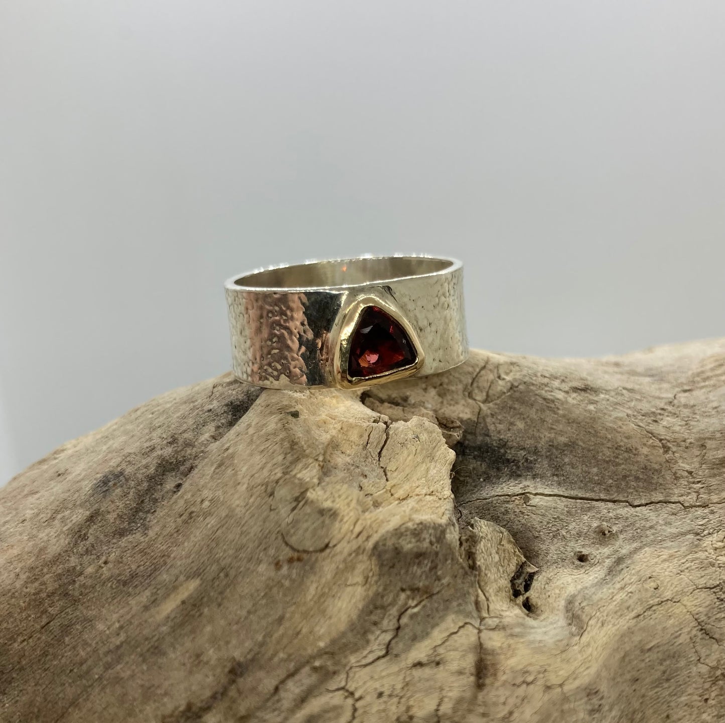 Garnet trillion 9 carat gold and sterling silver ring UK size Q