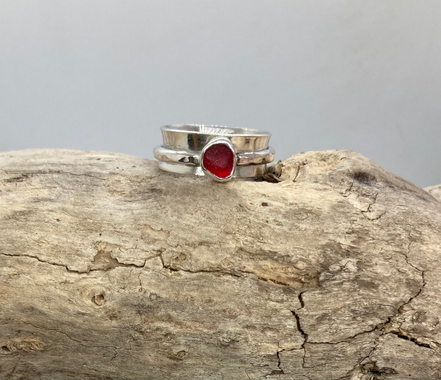 Rare Red Sea glass spinner ring UK Size O