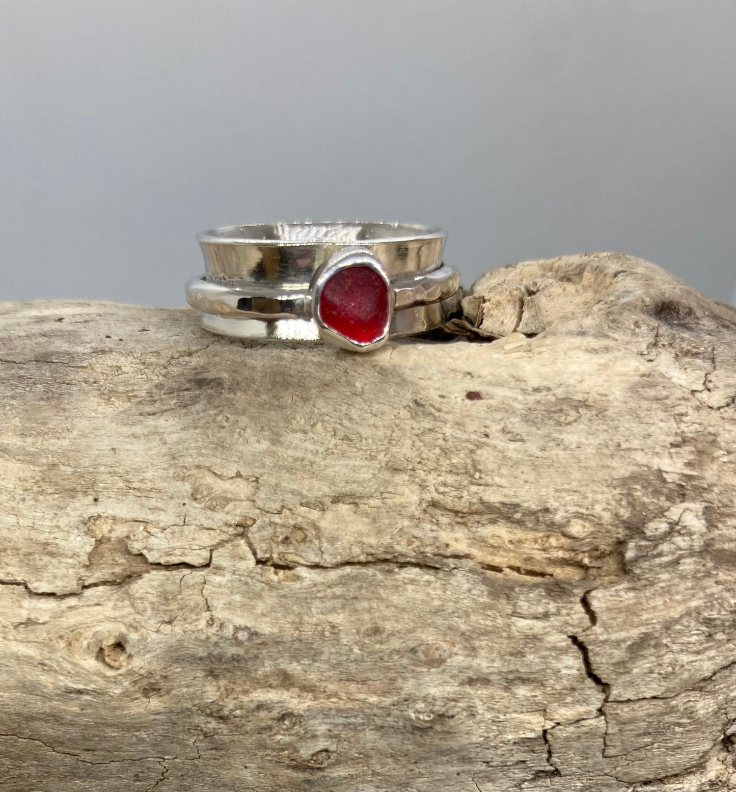 Rare Red Sea glass spinner ring UK Size O