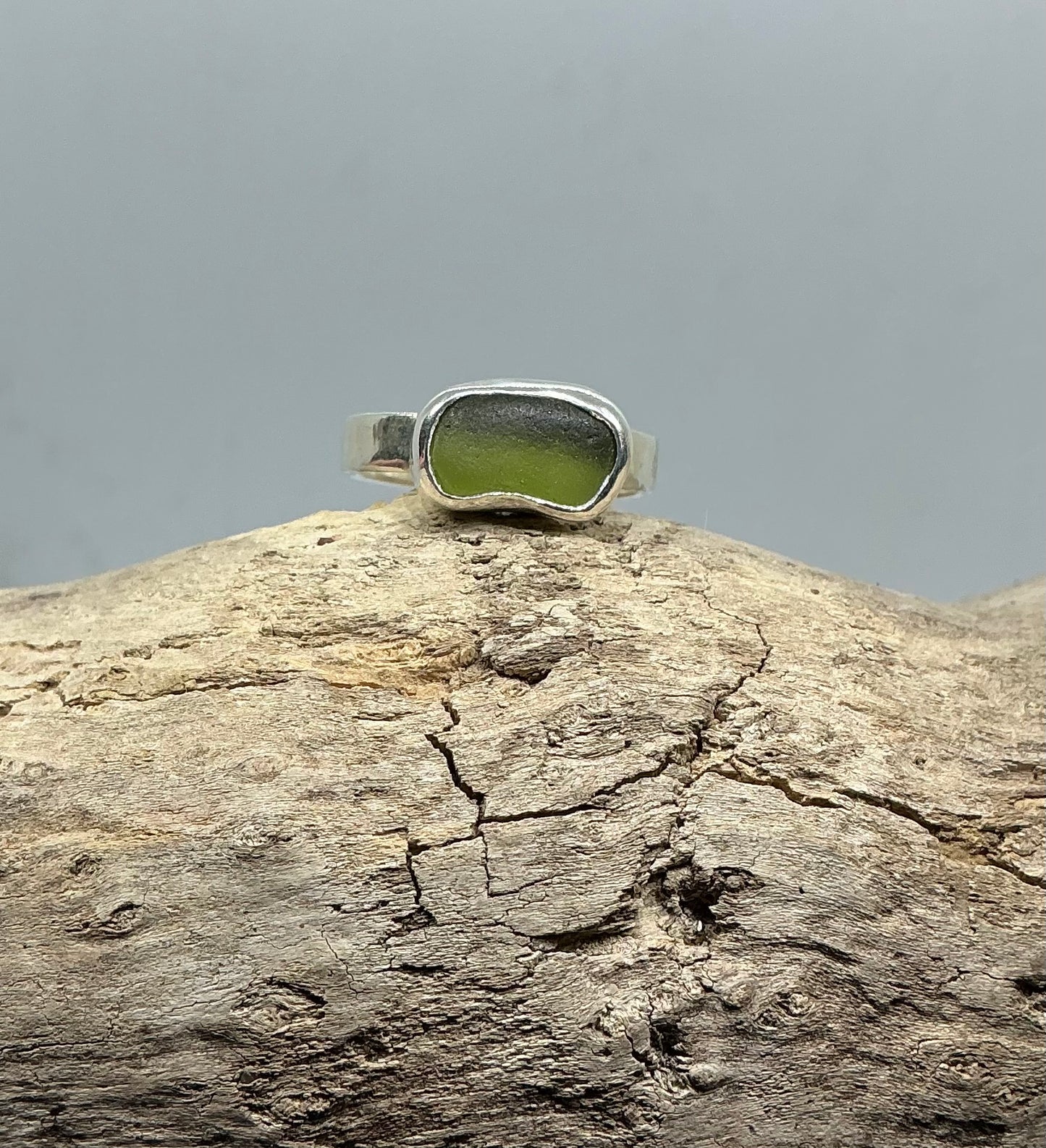 Olive green sea glass ring UK size S1/2