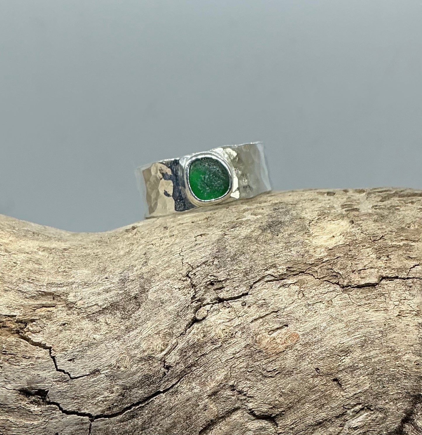 Christmas green sea glass ring UK size T