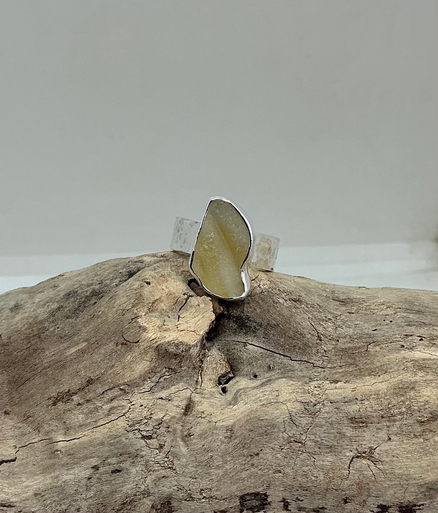 Rare yellow Scottish sea glass ring UK size N