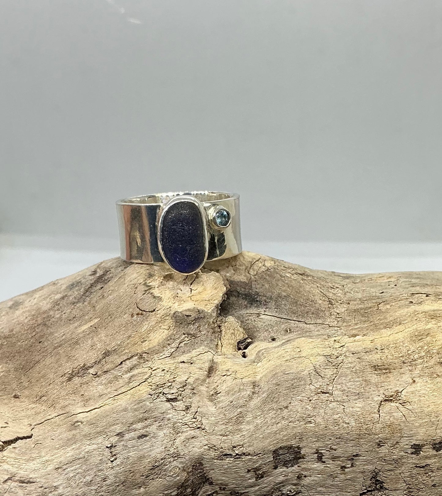 Stunning blue sea glass ring with blue Topaz UK size R1/2