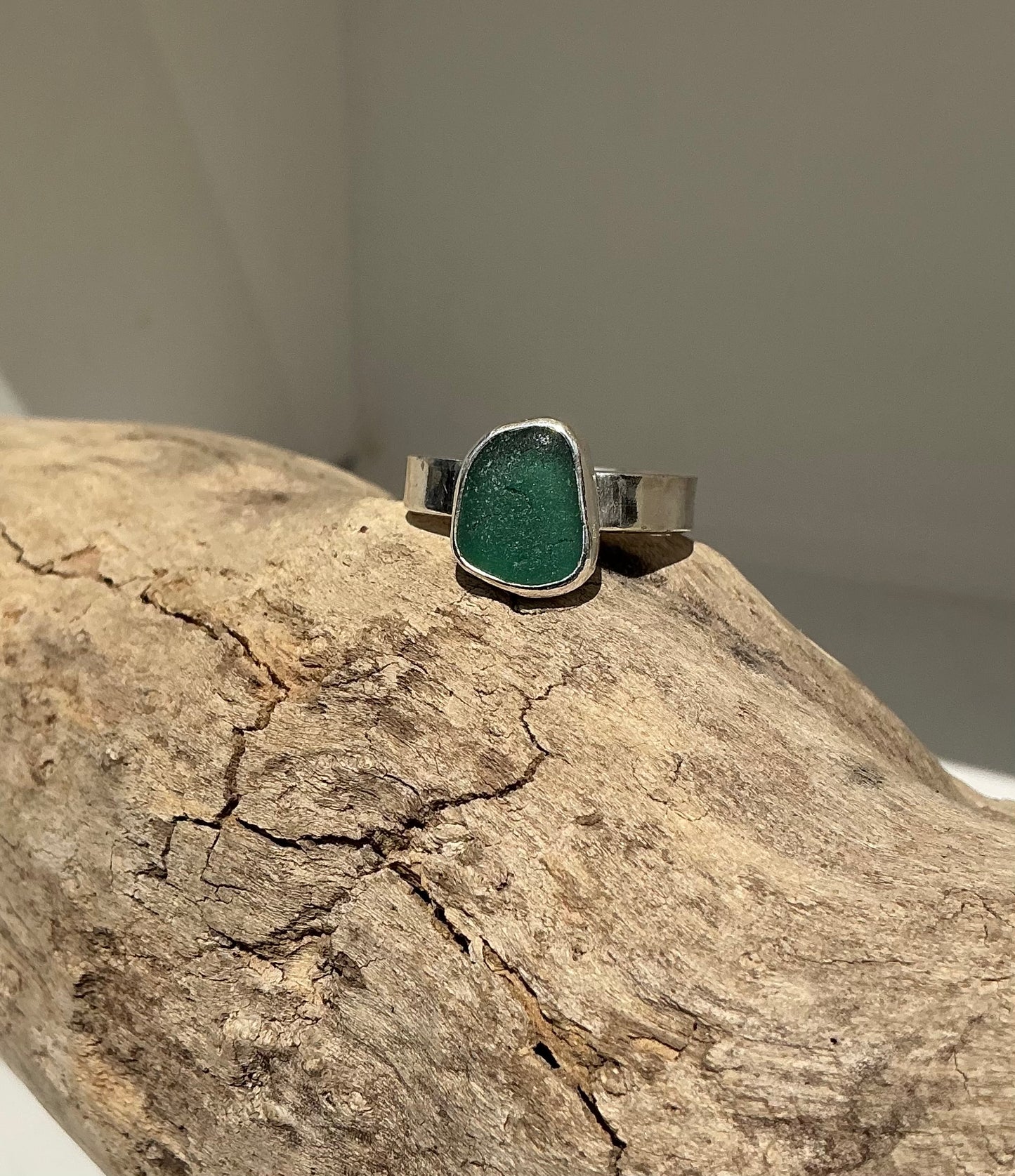 Gorgeous green Greek sea glass ring UK size N