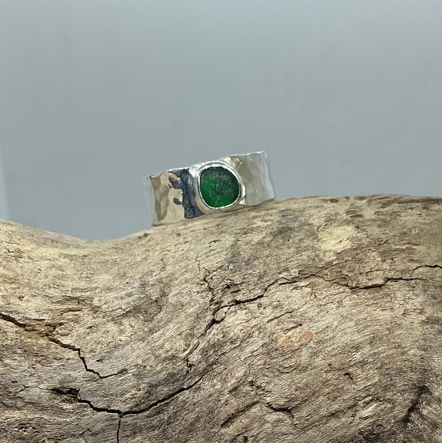 Christmas green sea glass ring UK size T