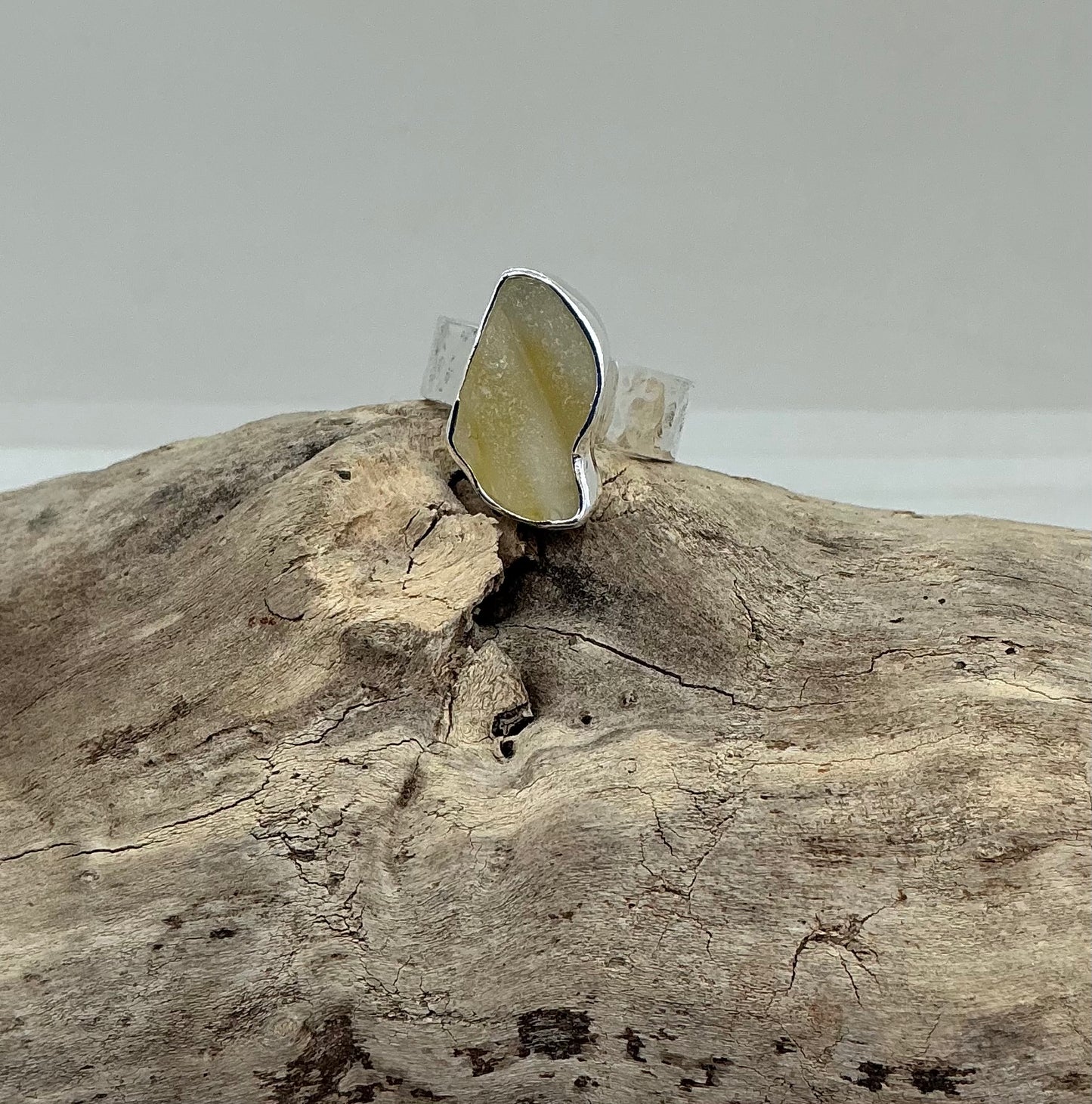 Rare yellow Scottish sea glass ring UK size N