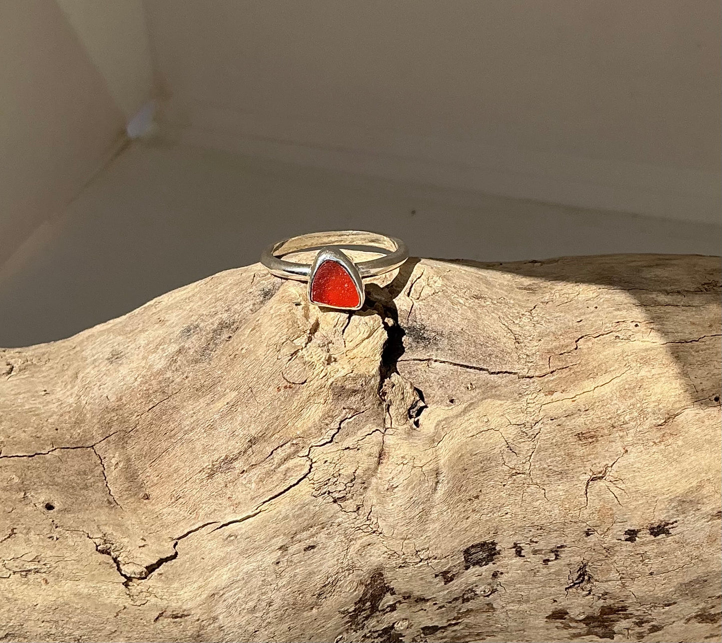 Rare orange sea glass ring UK size O