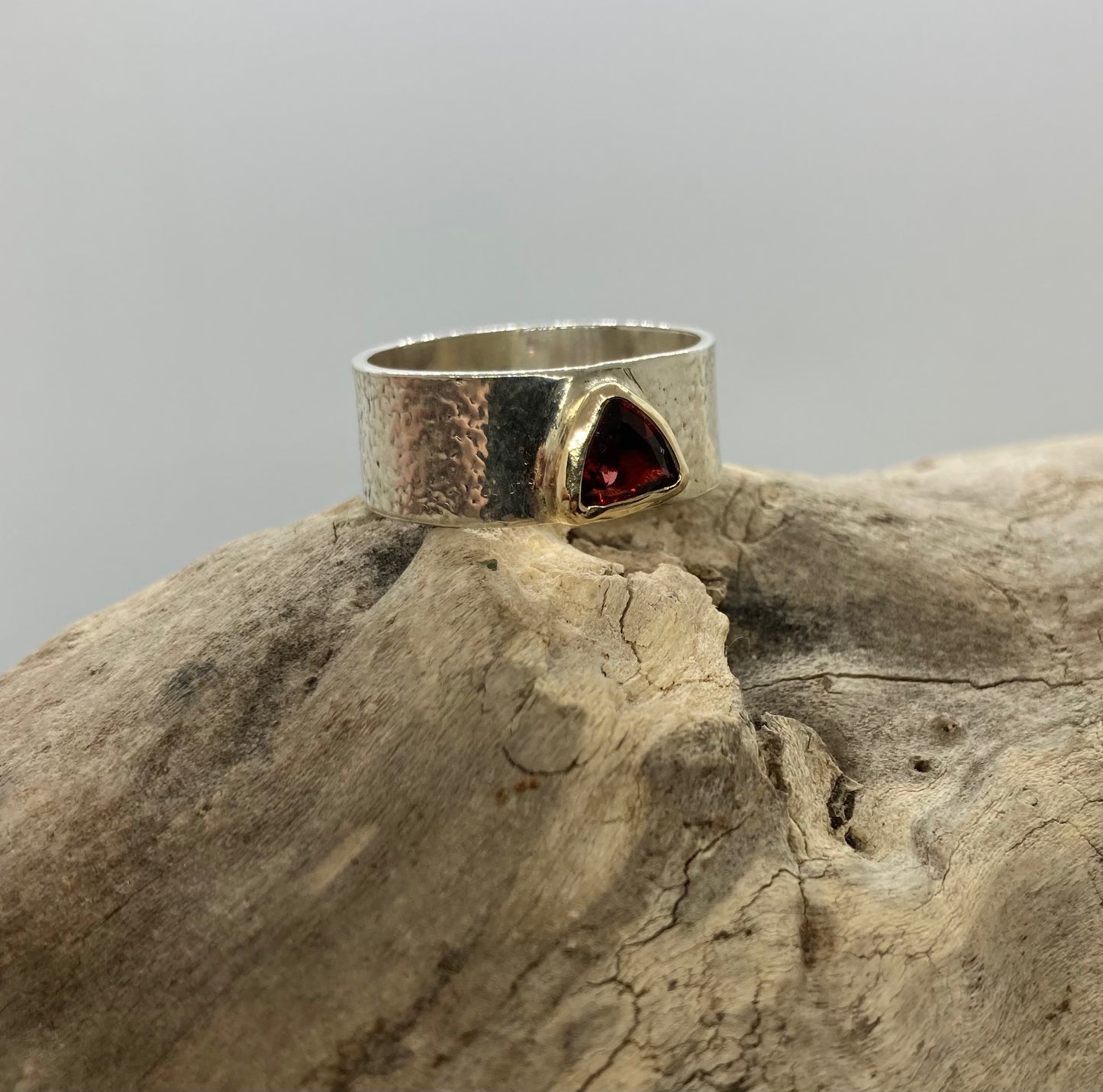 Garnet trillion 9 carat gold and sterling silver ring UK size Q