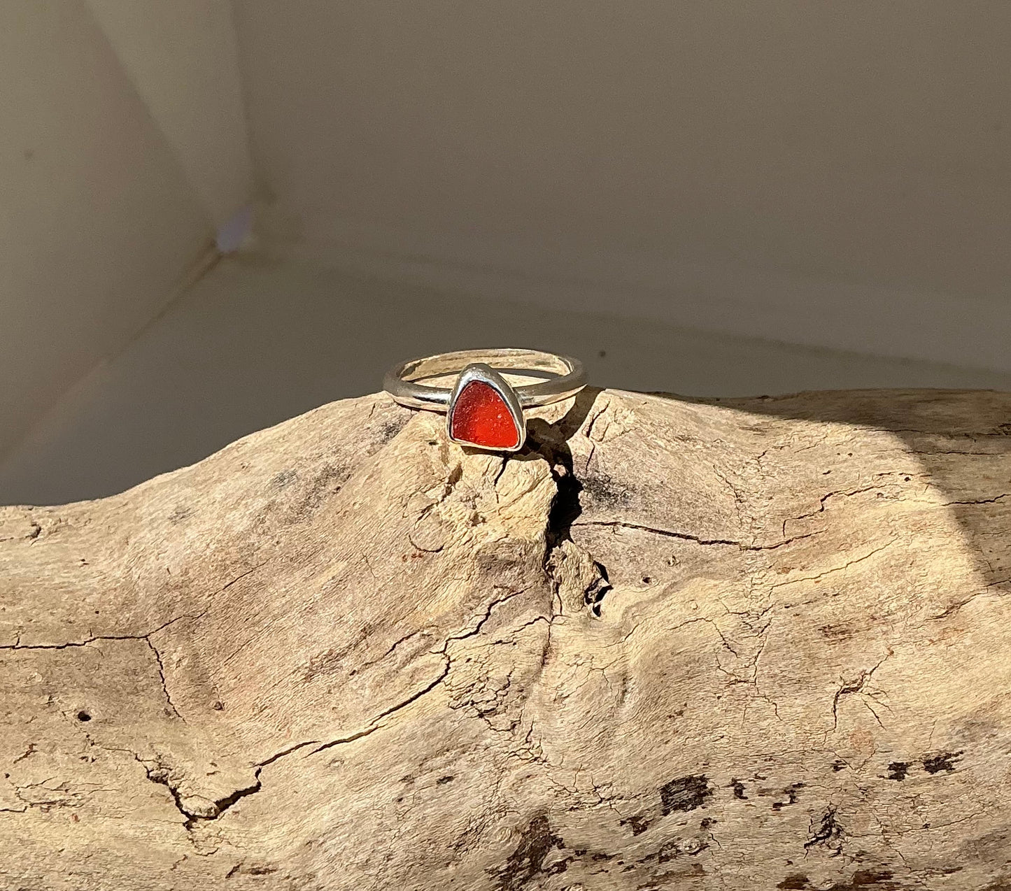 Rare orange sea glass ring UK size O