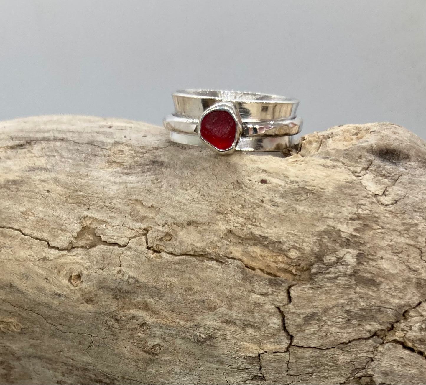 Rare Red Sea glass spinner ring UK Size O