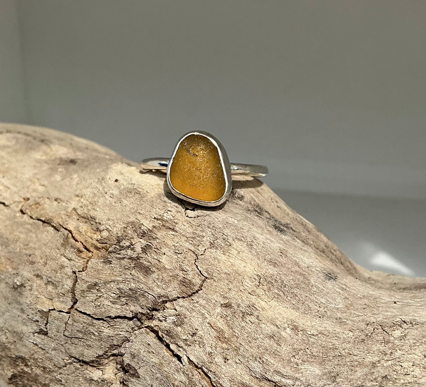 Amber sea glass ring UK size Q