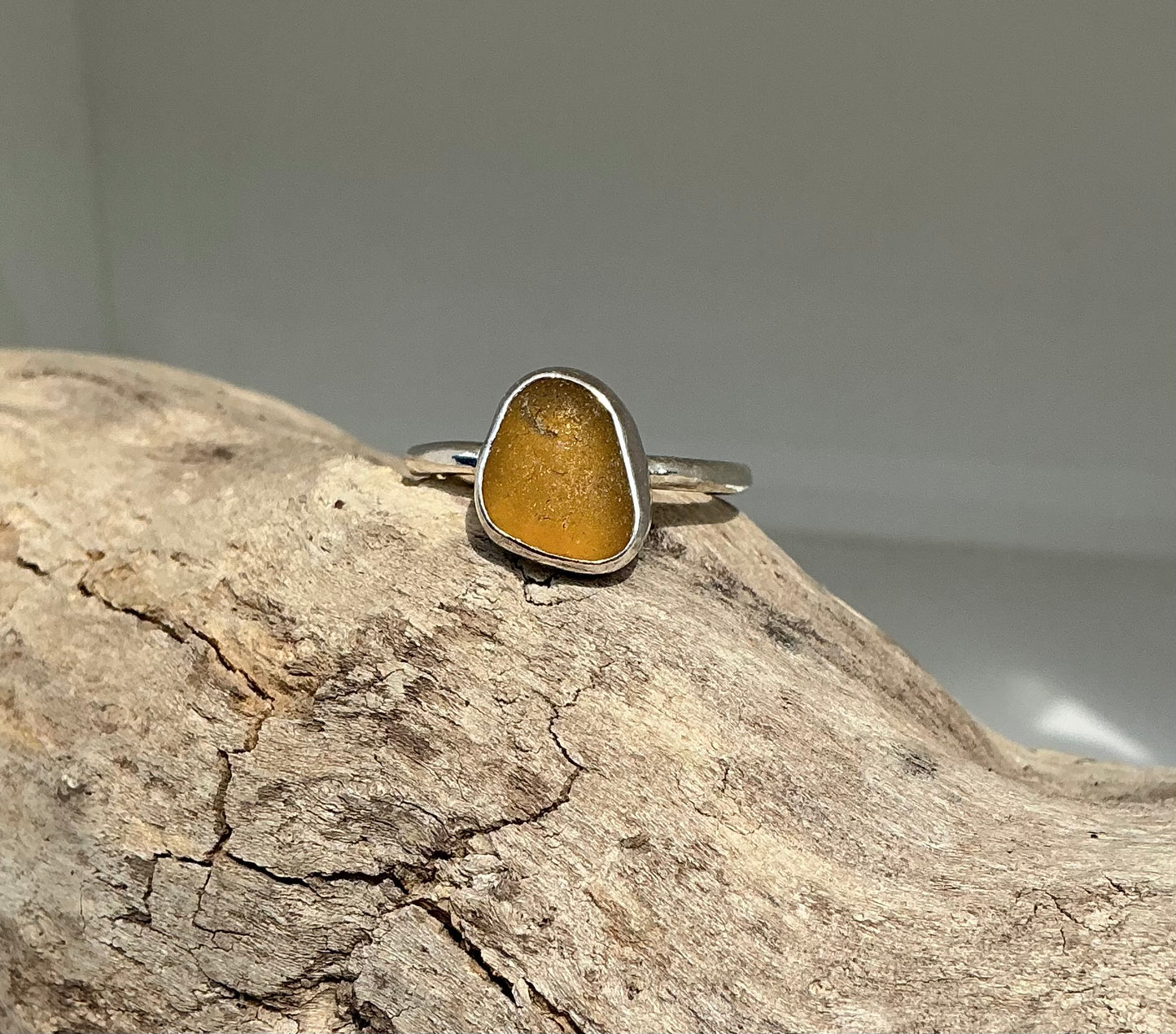 Amber sea glass ring UK size Q