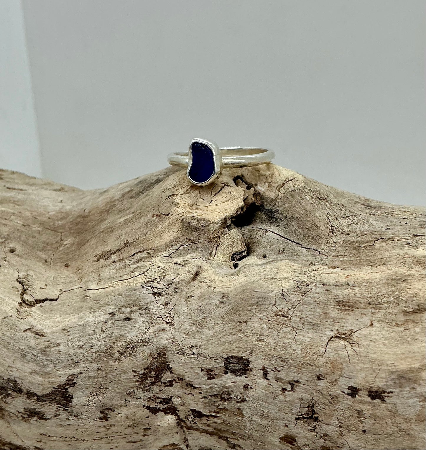 Royal blue sea glass ring UK size S1/2