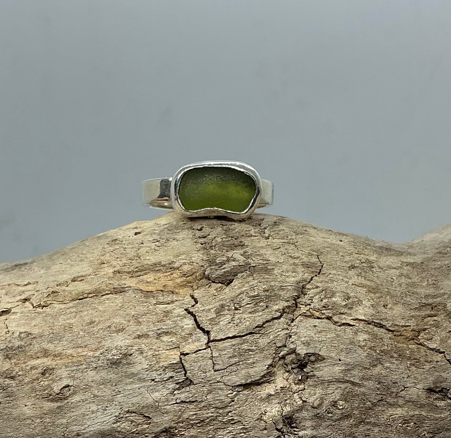 Olive green sea glass ring UK size S1/2