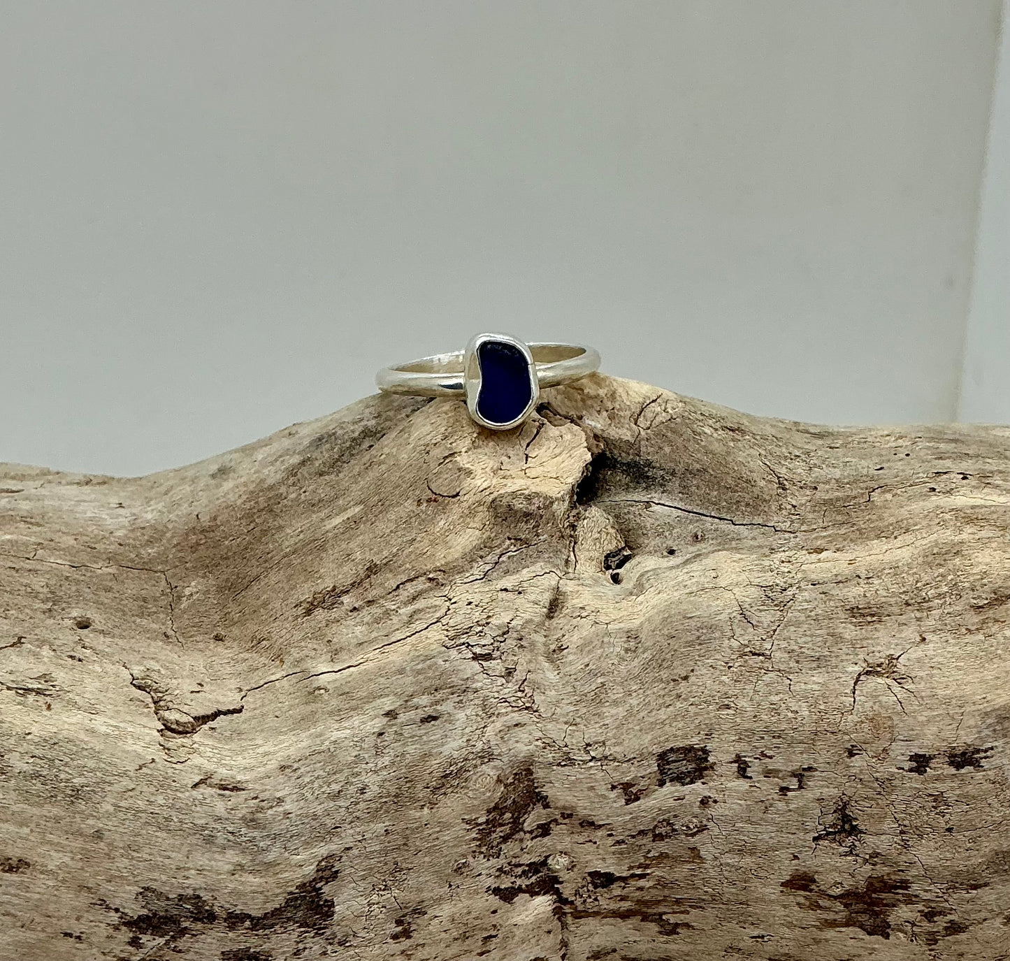 Royal blue sea glass ring UK size S1/2