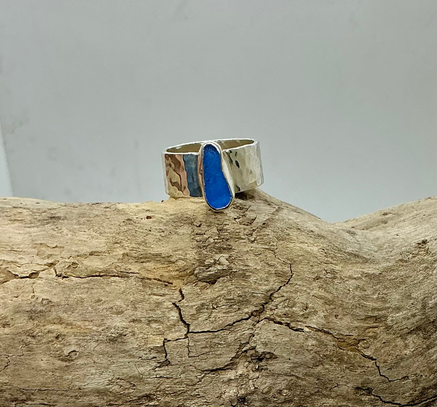 Stunning Cornflower blue sea glass sterling silver ring UK size M