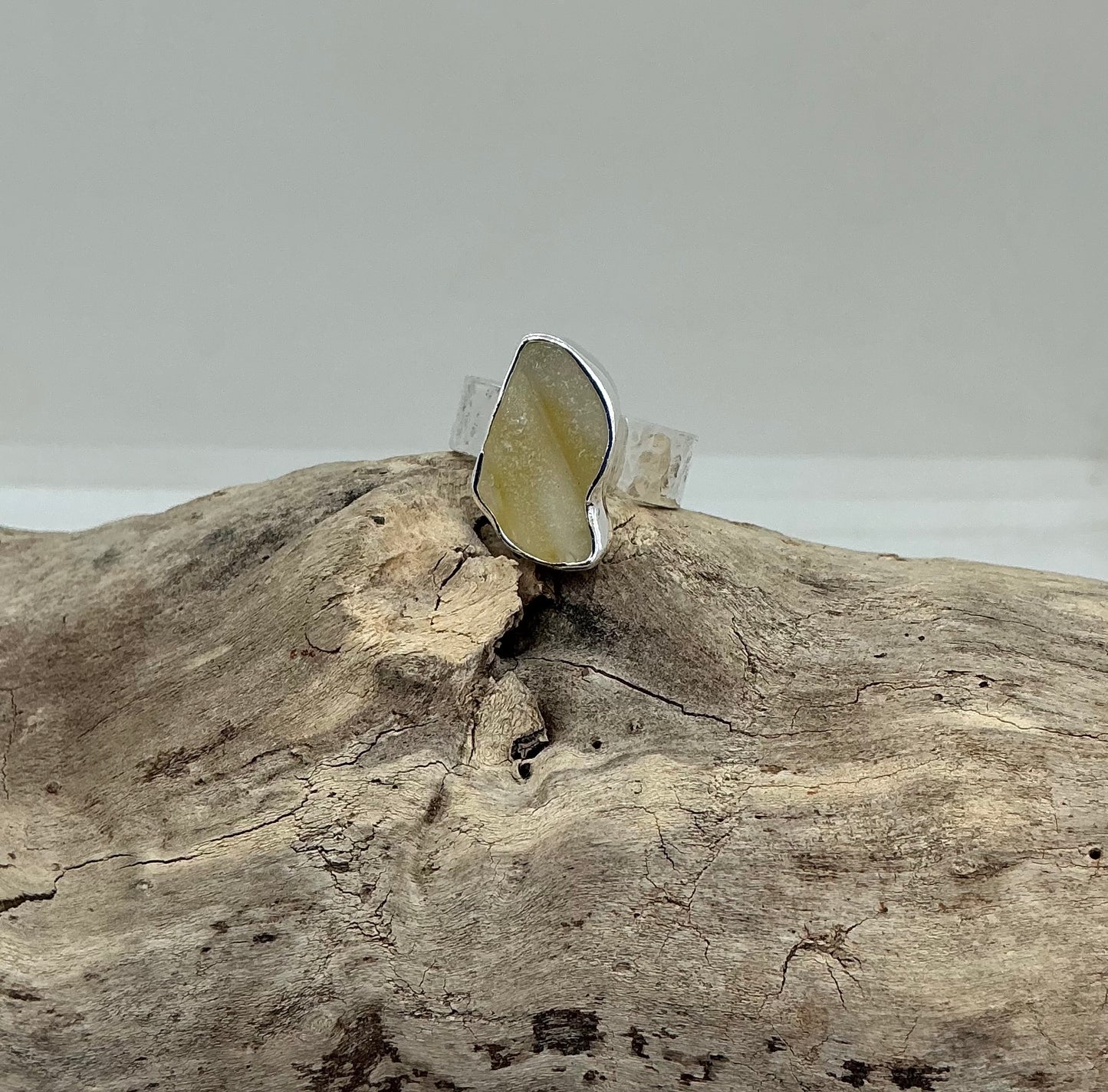 Rare yellow Scottish sea glass ring UK size N