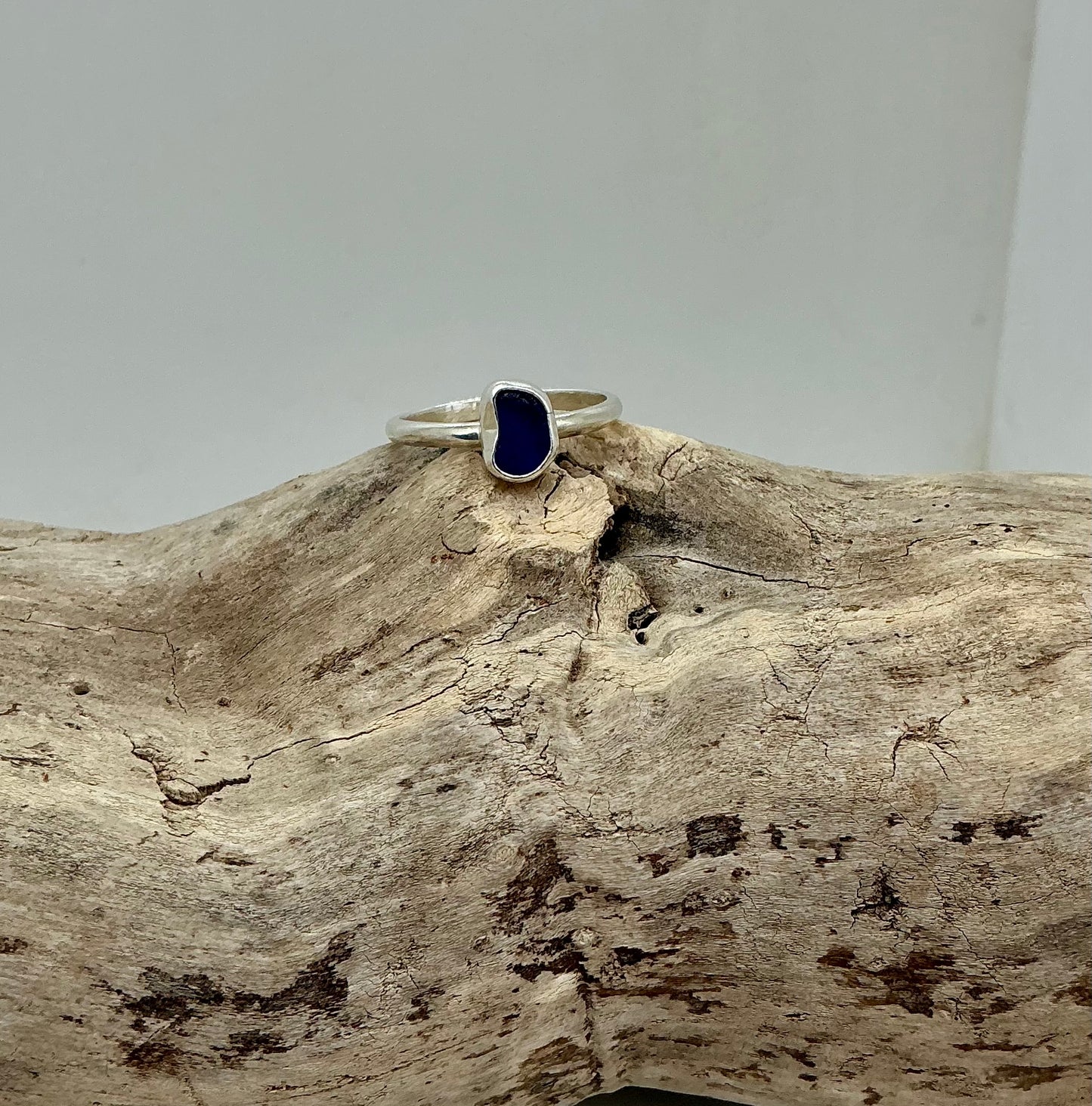 Royal blue sea glass ring UK size S1/2