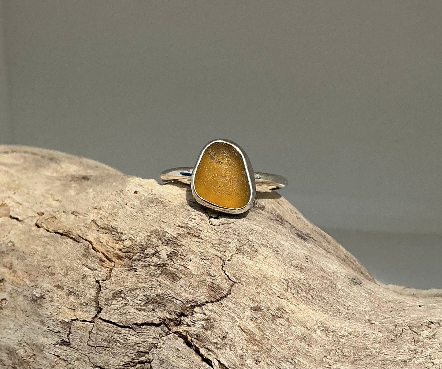 Amber sea glass ring UK size Q