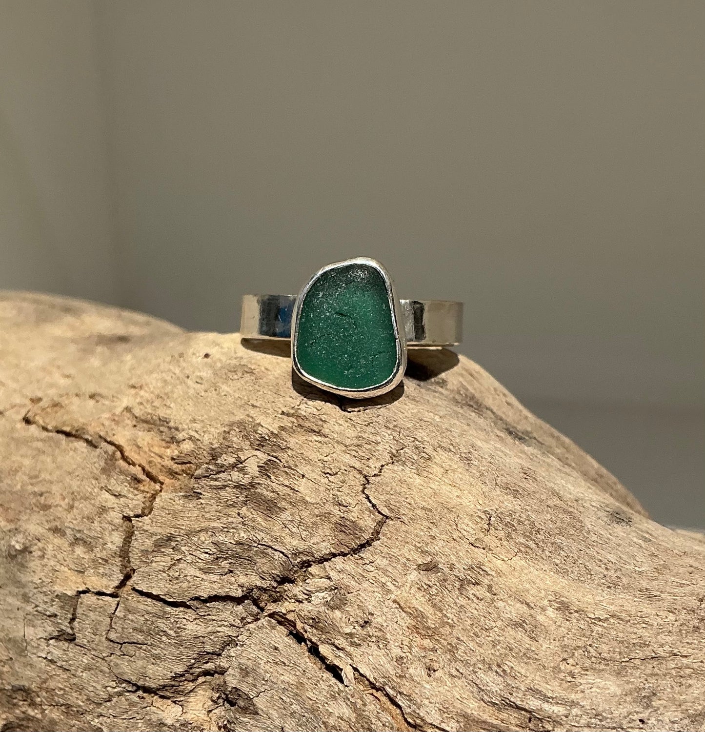 Gorgeous green Greek sea glass ring UK size N
