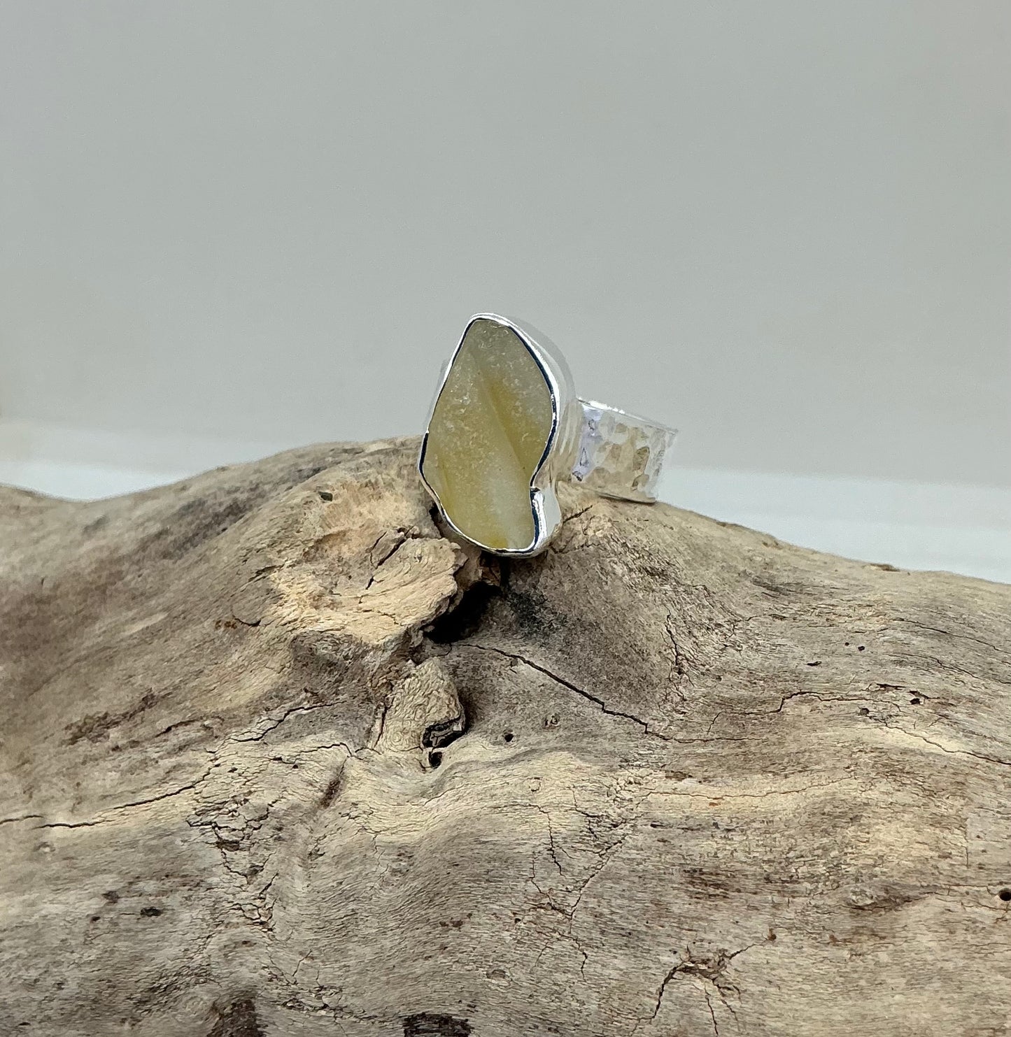 Rare yellow Scottish sea glass ring UK size N