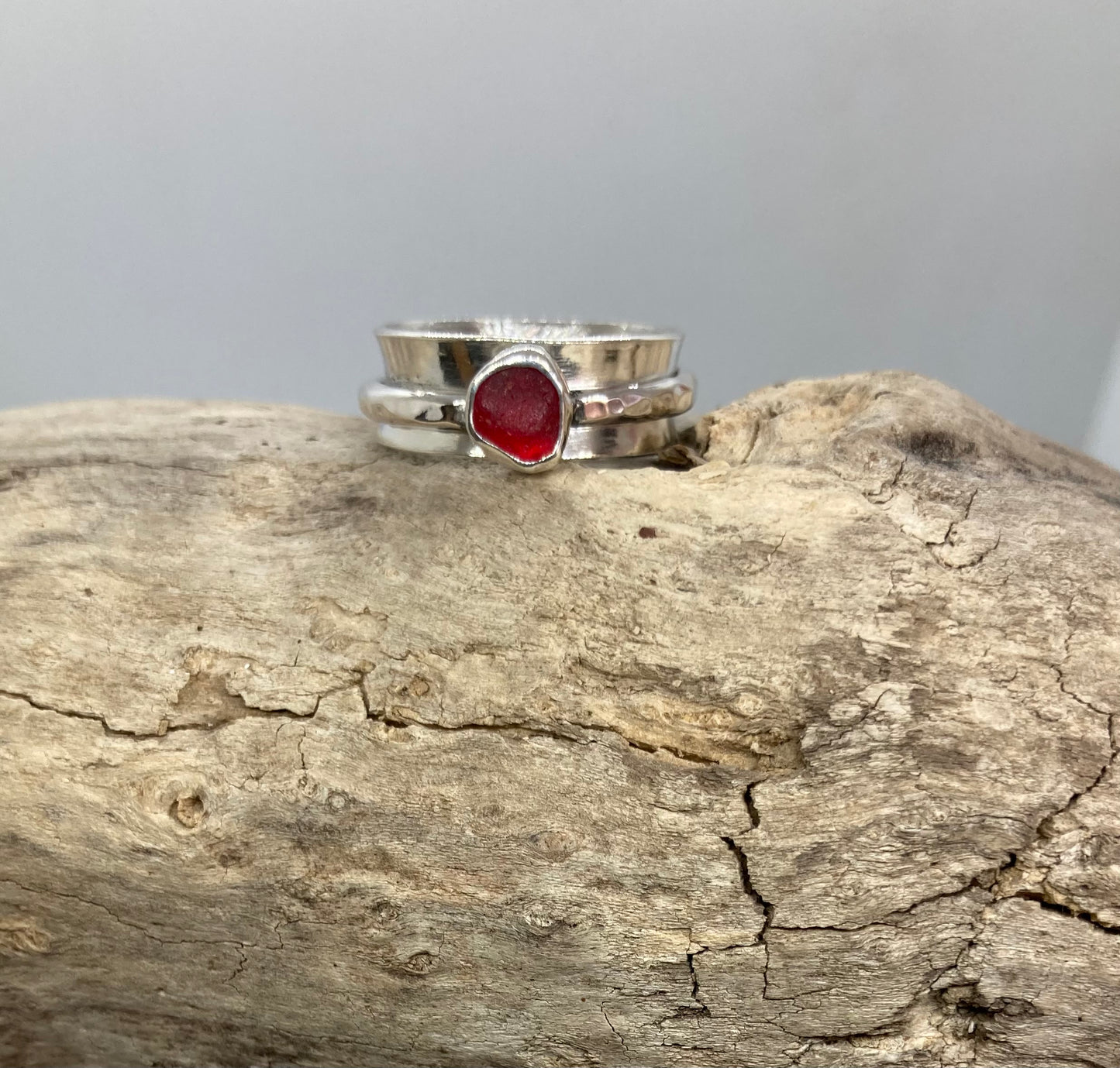 Rare Red Sea glass spinner ring UK Size O