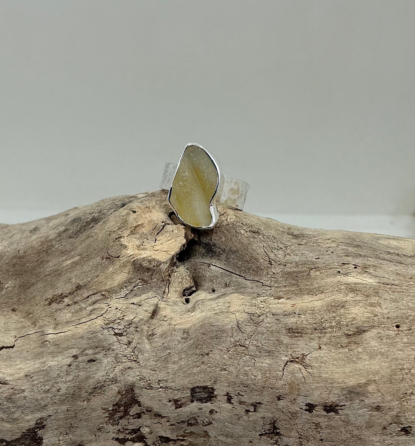 Rare yellow Scottish sea glass ring UK size N