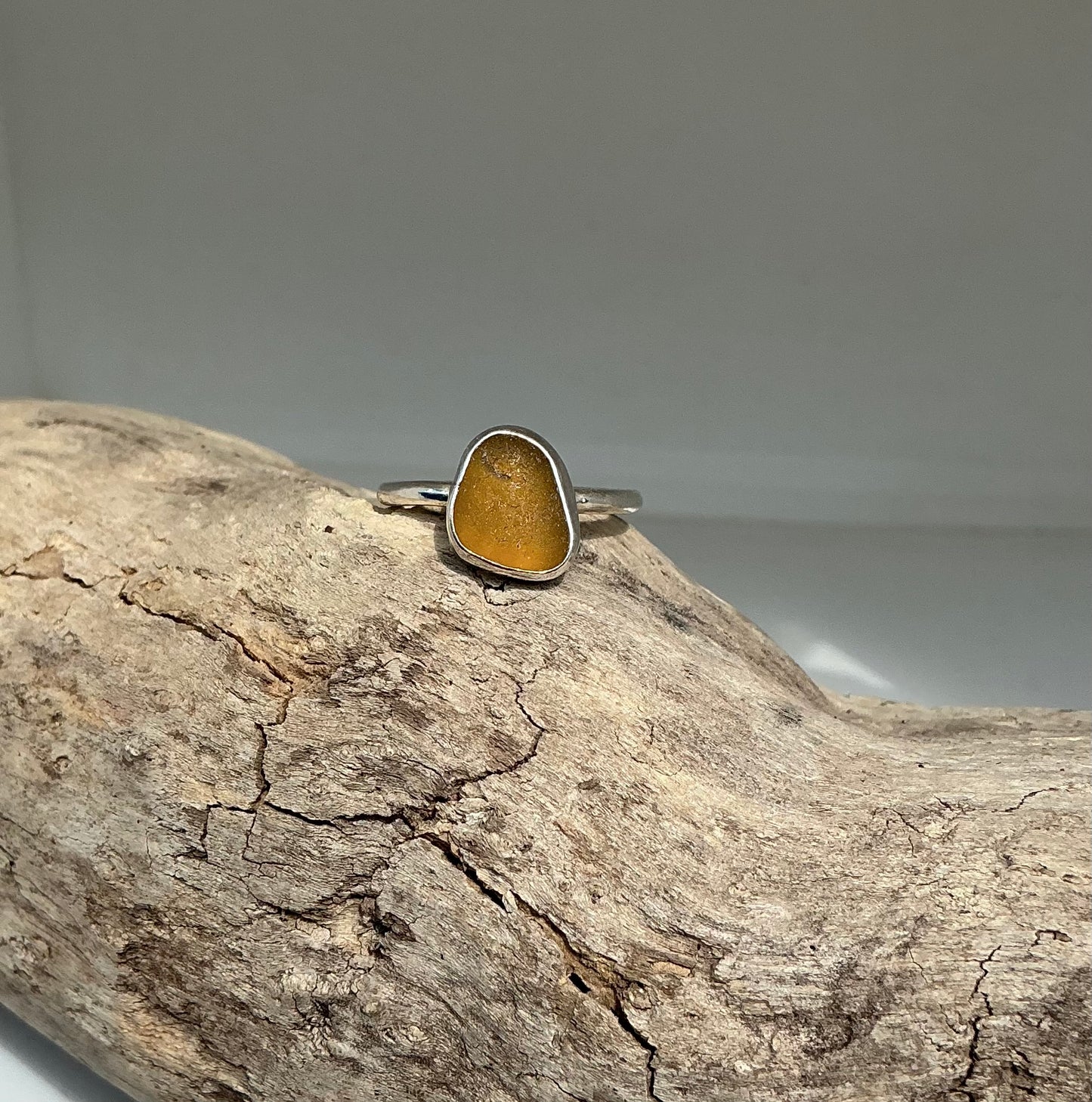 Amber sea glass ring UK size Q