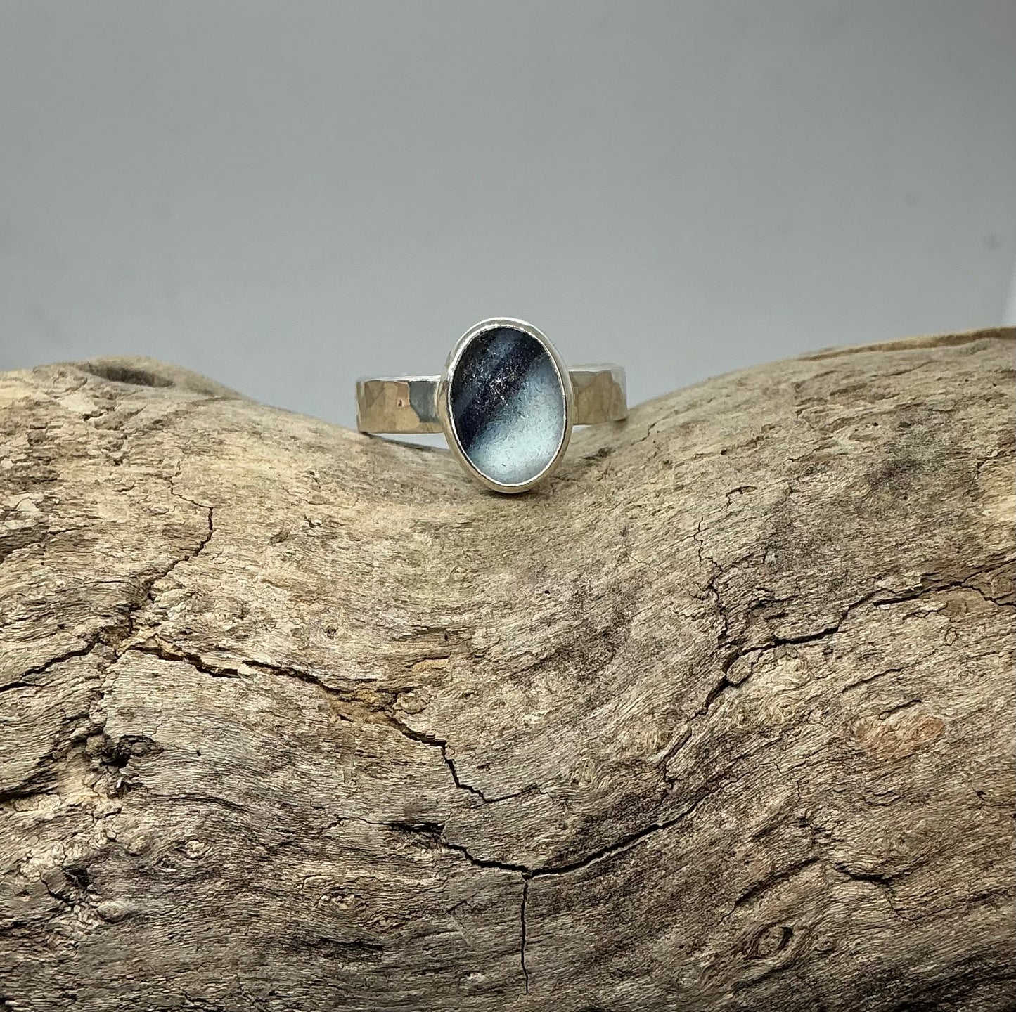 Rare blue and white multi sea glass ring UK size R