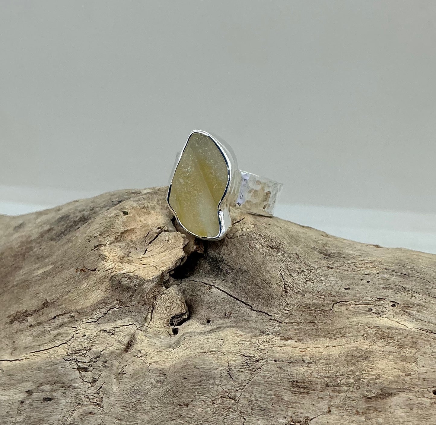 Rare yellow Scottish sea glass ring UK size N