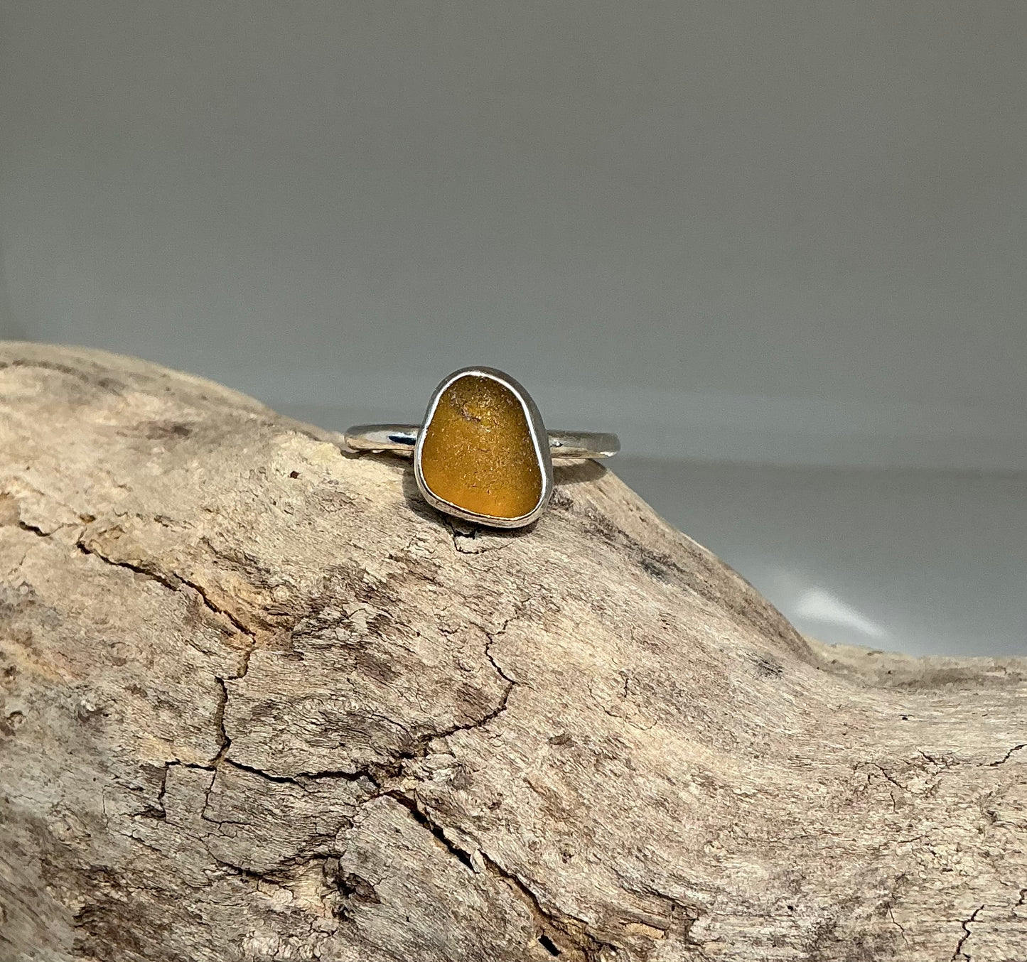 Amber sea glass ring UK size Q
