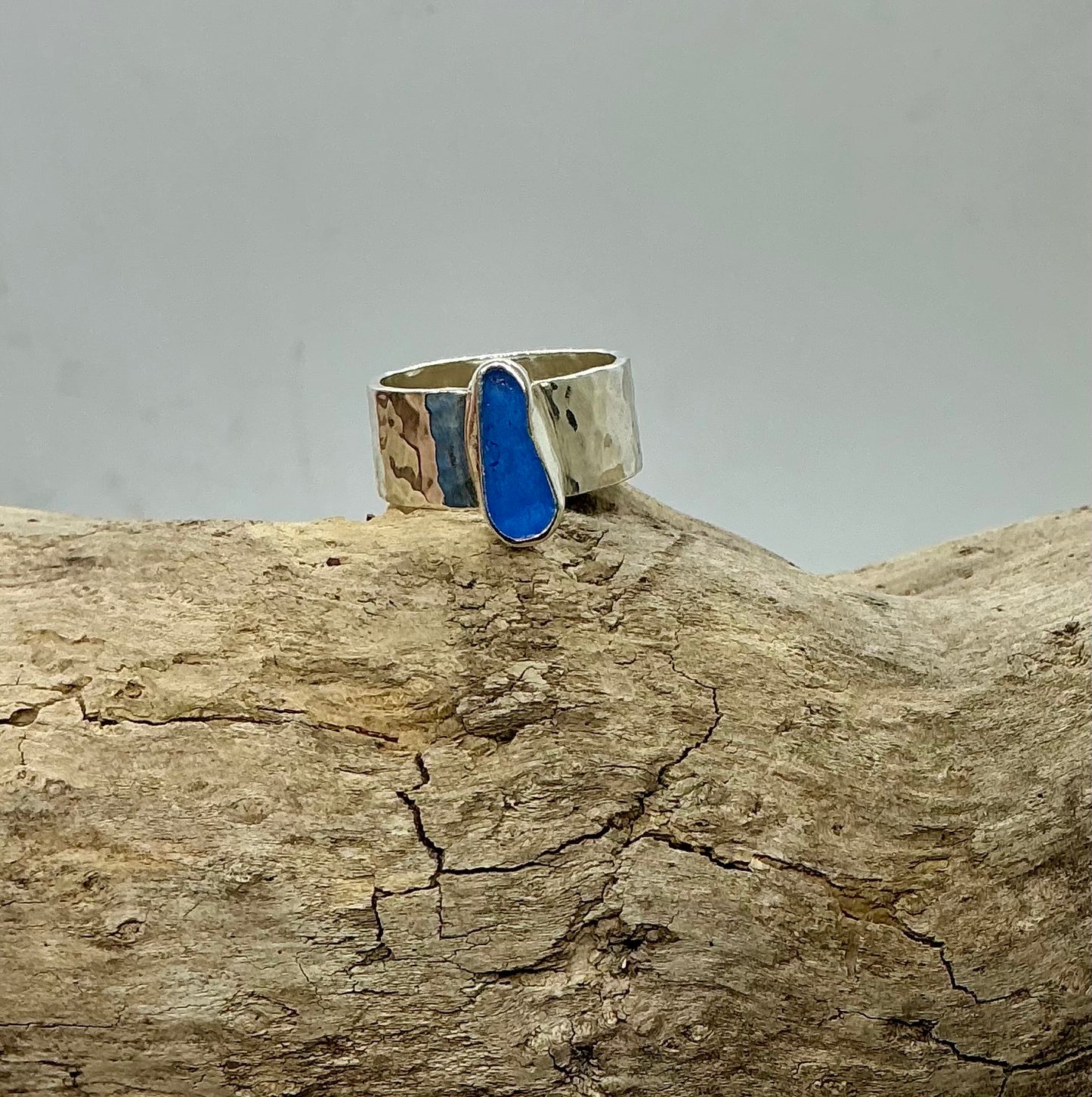 Stunning Cornflower blue sea glass sterling silver ring UK size M