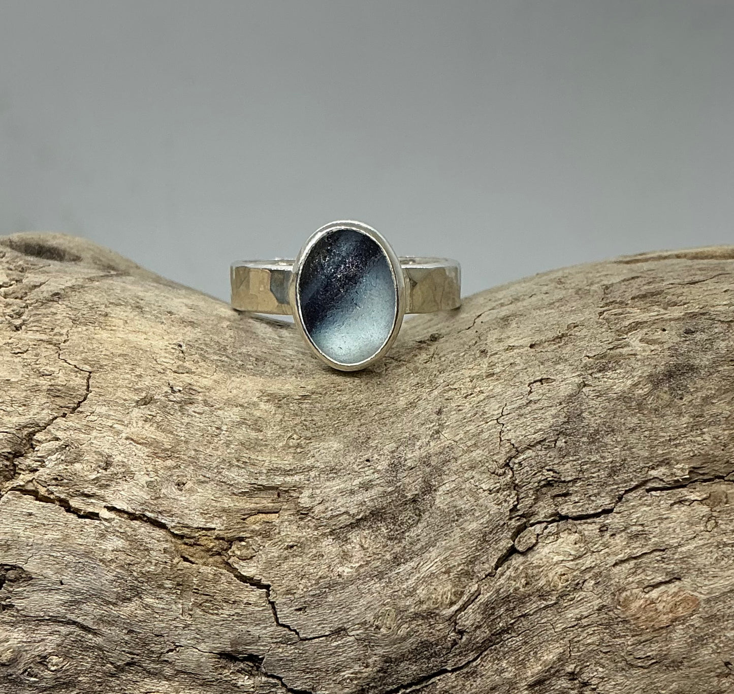 Rare blue and white multi sea glass ring UK size R