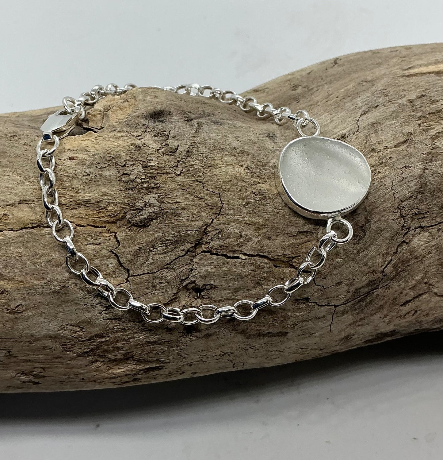 White Sea glass sterling silver chain bracelet