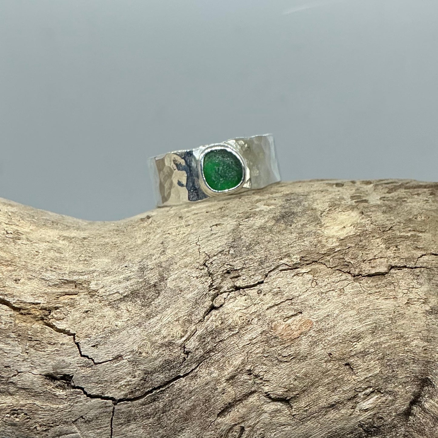 Christmas green sea glass ring UK size T