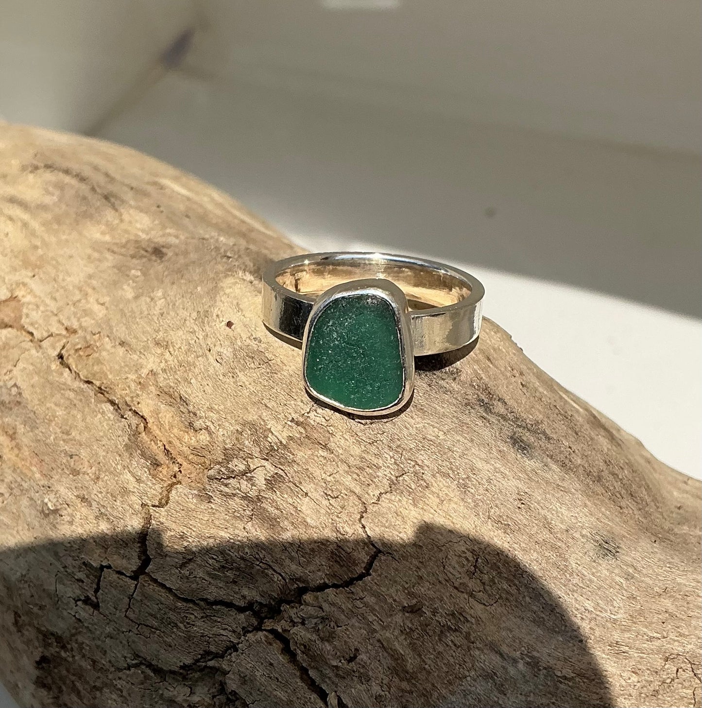 Gorgeous green Greek sea glass ring UK size N