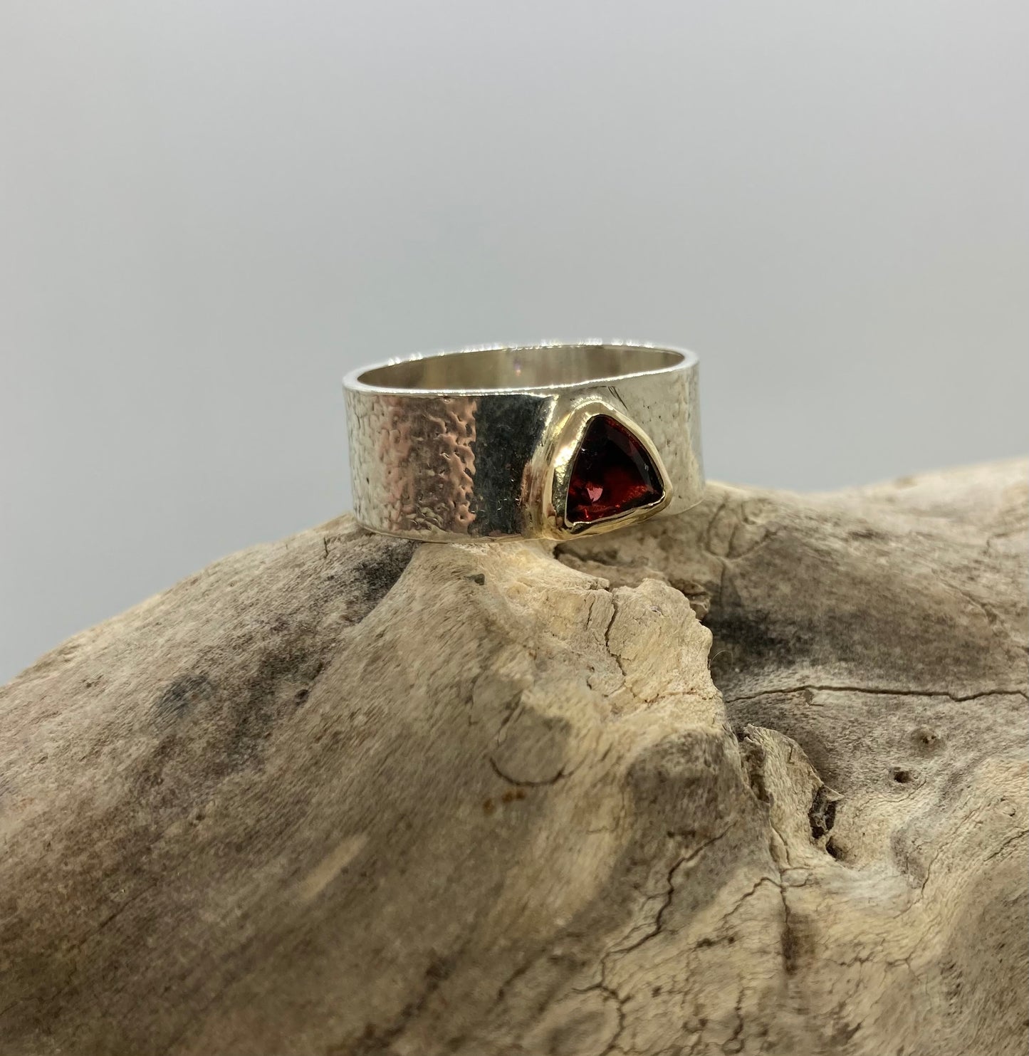 Garnet trillion 9 carat gold and sterling silver ring UK size Q
