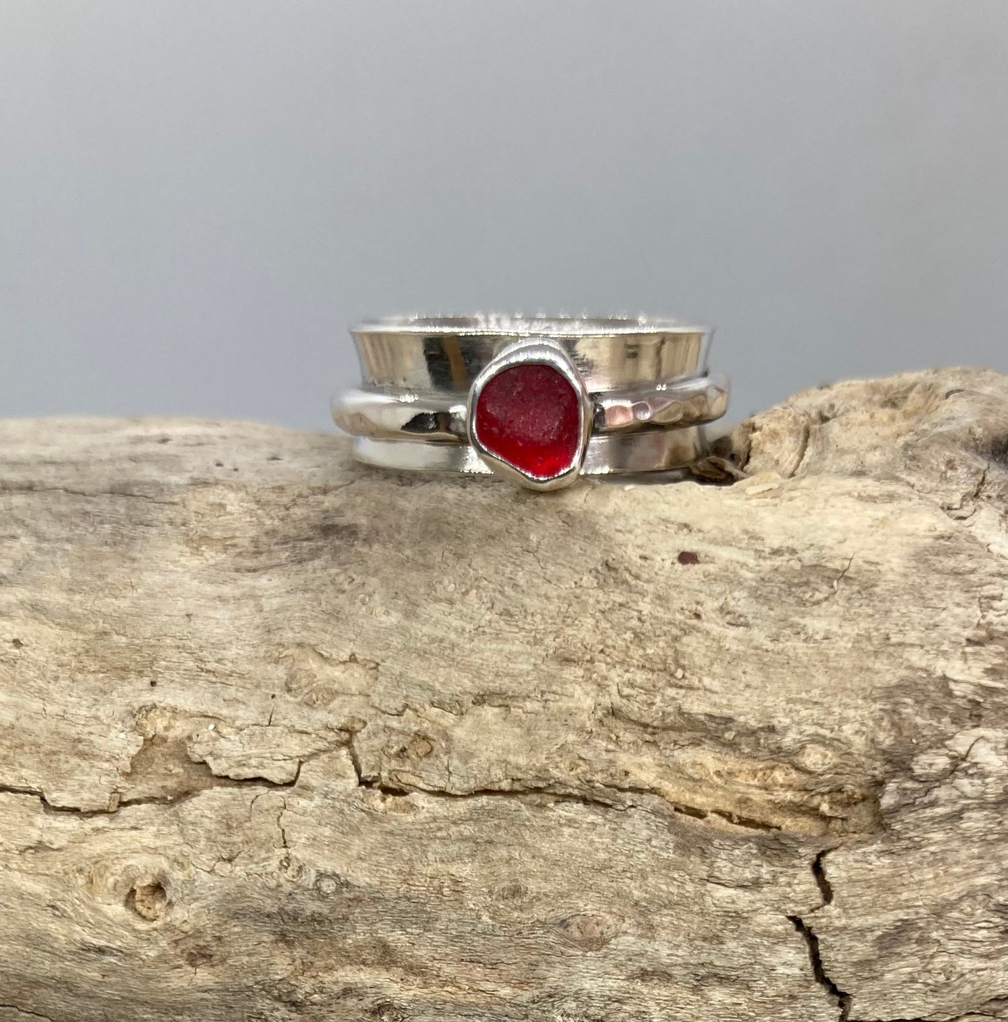 Rare Red Sea glass spinner ring UK Size O