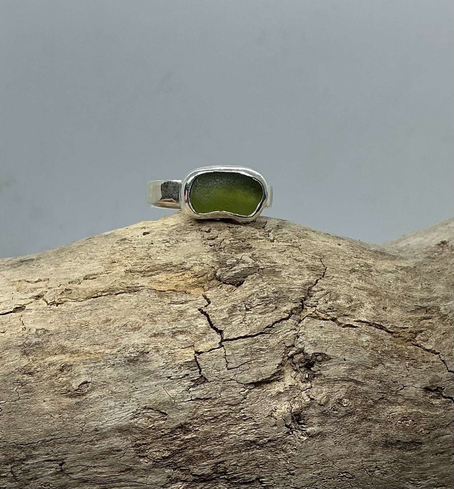 Olive green sea glass ring UK size S1/2