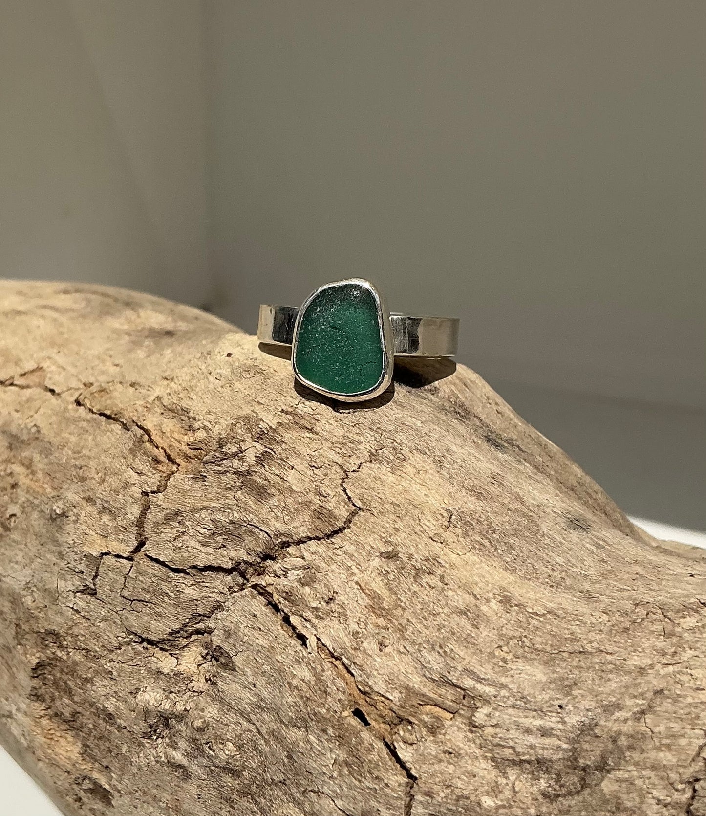 Gorgeous green Greek sea glass ring UK size N