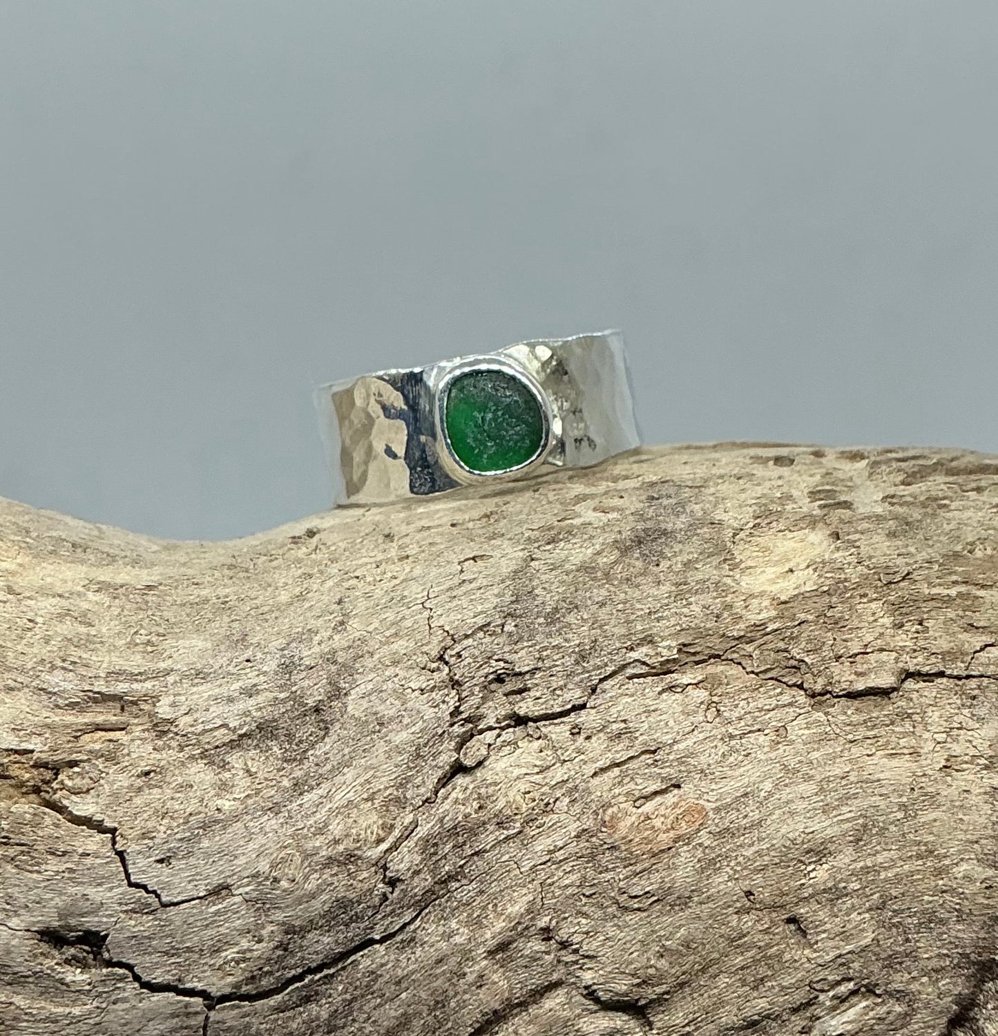 Christmas green sea glass ring UK size T