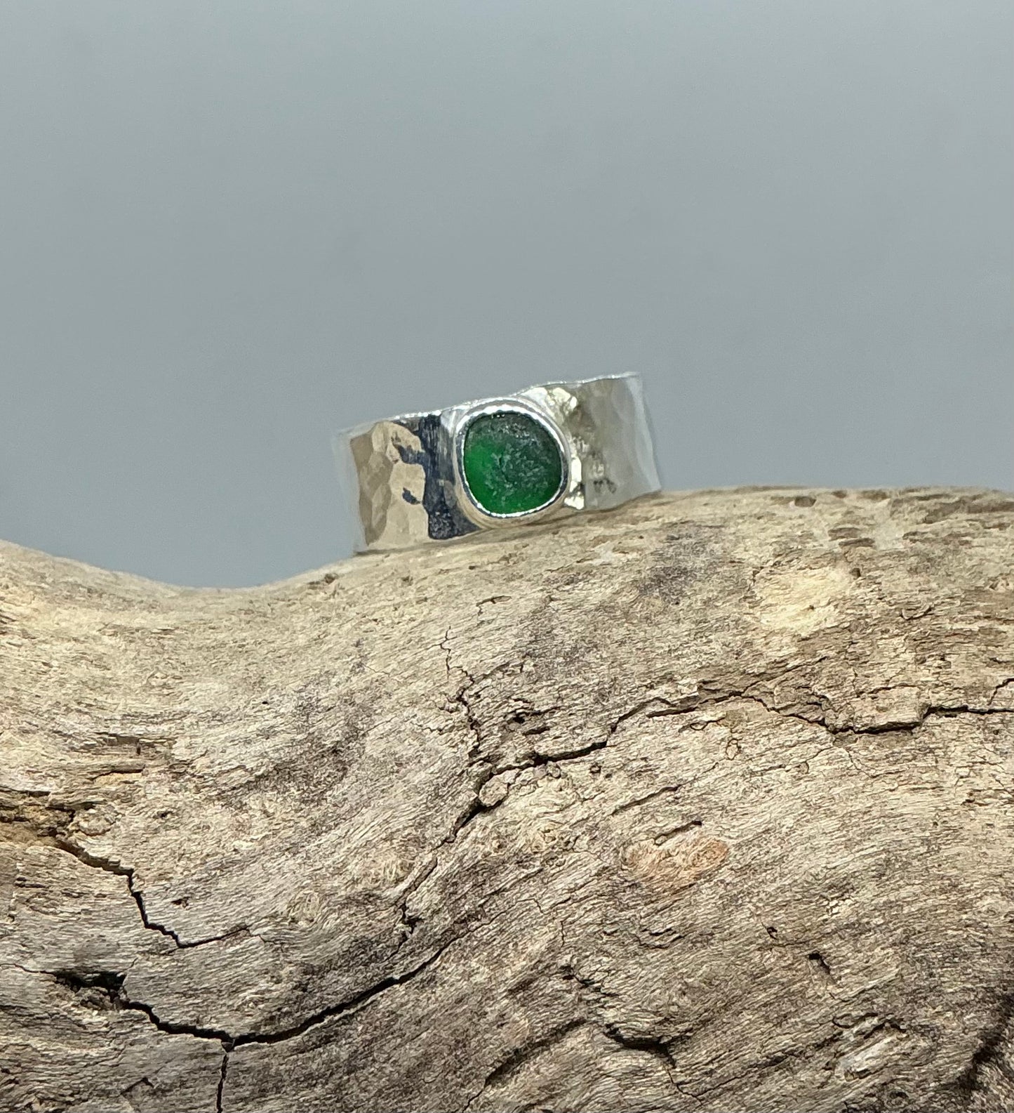 Christmas green sea glass ring UK size T