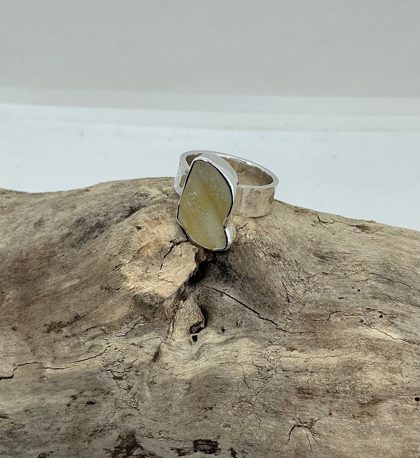 Rare yellow Scottish sea glass ring UK size N
