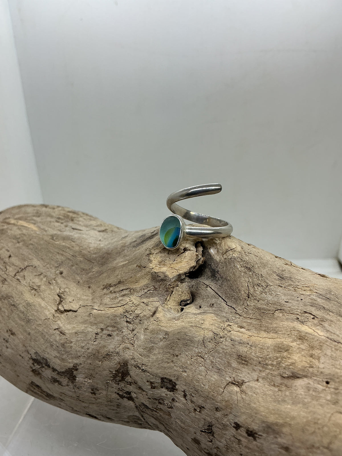 Special Blue multi sea glass twist ring UK size O